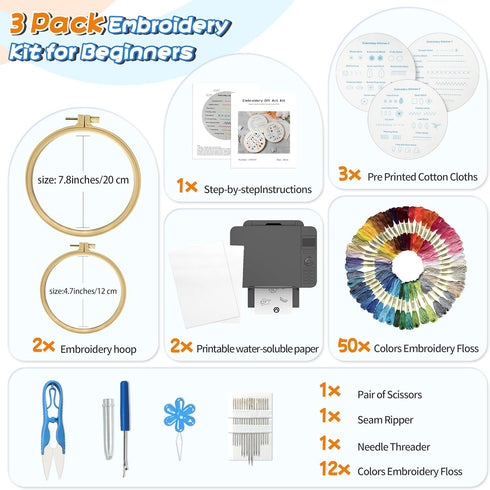3 Sets Embroidery Kit for Beginners Adults and 2 Pieces Water Soluble Stabilizer for Embroidery?Learn 29 Different Stitches,Easy to Follow Instruc...