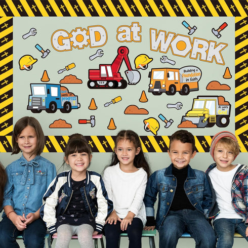 Fulmoon 79 Pcs God at Work Construction Bulletin Board Set Christian Under Construction Decorations Religious Construction Cutouts for Preschool E...
