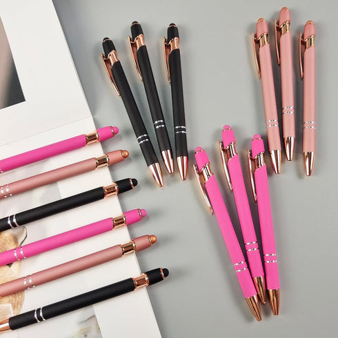 Aozora 15 Pieces Retractable Ballpoint Pens Black Ink 1.0 mm with Stylus Tip Touch School Office Decor Supplies Pretty Aesthetic Pens (Rose Gold,P...