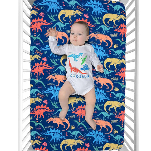 Cloele Dinosaur Fitted Crib Sheet for Boys 1 Pack Baby Nursery Sheet Soft Cozy Bed Sheet for Standard Crib and Toddler Mattresses - Navy Crib Matt...