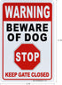 Beware of Dog Warning Sign 2 Pack, Dogs In Yard, Stop, Keep Gate Closed Sign, 12x8 Inch Rust Free Aluminum Metal, Beware of Dog Signs for Fence, E...