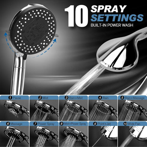 Shower Head, High Pressure 10-Mode Handheld Shower Head with Anti-Clog Nozzles, Built in Power Wash to Clean Corner,Tile,Tub & Pets...
