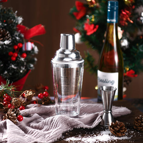 Glass Cocktail Shaker Printed with Recipes,14 oz Martini Shaker with Double Measuring Jigger,18/8 Grade Stainless Steel Mixing Shaker,Leak-Proof L...