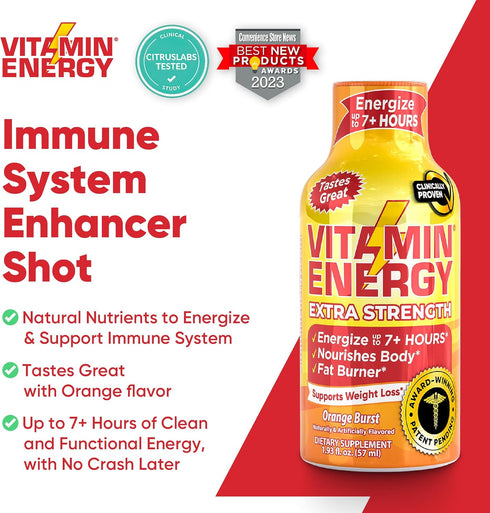 Vitamin Energy Extra Strength Energy Drink Shots | Natural Nutrients to Energize & Support Immune System | Sugar & Carb-Free | Immunity Formula | ...