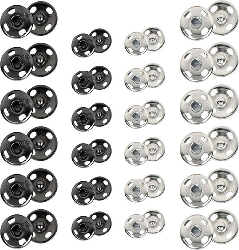 Kenkio 120 Sets Sew-on Snap Buttons Metal Snaps Fasteners Press Studs Buttons for Sewing, 8 mm and 10 mm,Black and Silver...