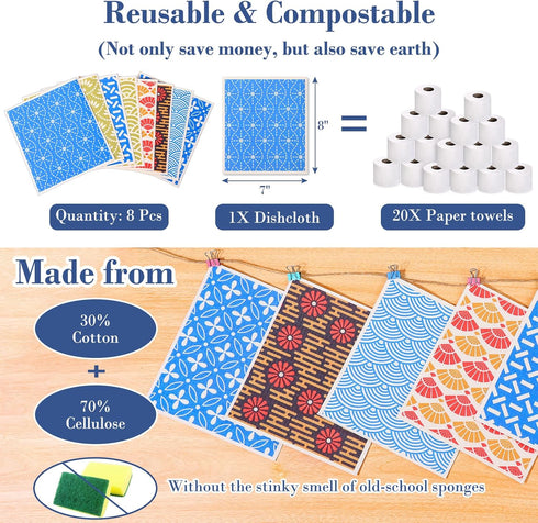 8 Pack Swedish Dishcloths for Kitchen, Reusable Dish Cloth Kitchen Towels Absorbent Sponges Fast Drying Swedish Dish Cloth for Washing Dishes Coun...