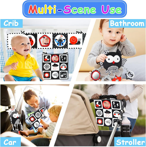 Black and White High Contrast Baby Toys 0-6 Months with Mirror, Crinkle and Rattles, Soft Baby Toys for Brain Development Montessori Sensory Tummy...