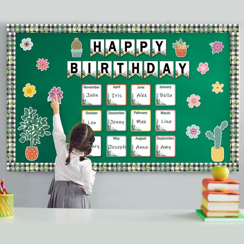 61PCS Happy Birthday Bulletin Board Decorations Floral Birthday Charts Flower Theme Bulletin Board Set Birthday Calendar Flower Greenery Paper Cut...
