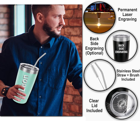 Personalized Tumbler 20 oz with Straw, Customized Vacuum Insulated Tumbler with Custom Name Text Engraved in USA – Birthday, Wedding, Anniversary,...