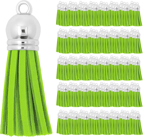 Mandala Crafts 100 Pcs Lime Green Faux Suede Tassels Bulk Keychain Making Supplies - Small Leather Tassels for Charms, Jewelry Making, and DIY Cra...