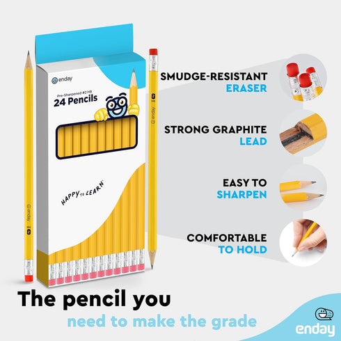 Enday Presharpened #2 Pencils 24 Count, Wood-Cased Yellow Sharpened Pencils with Latex-Free Eraser, Long-Lasting Durable No 2 Pencils for School, ...