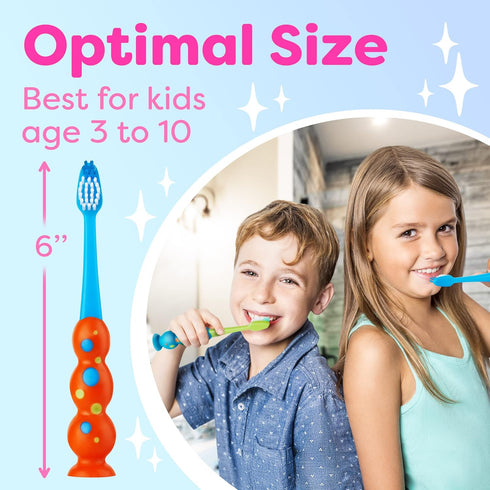 Kids Toothbrush 4 Pack - Soft Contoured Bristles - Child Sized Brush Heads (3-10 Year Old) - Suction Cup for Fun & Easy Storage - Girl & Boy Set (...