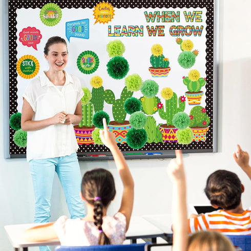 66 Pieces Cactus Classroom Decor When We Learn We Grow Bulletin Board Decorations Set Cactus Cutouts Tissue Paper Pompoms for Kindergarten Element...
