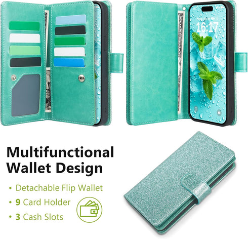 Varikke for iPhone 11 Wallet Case Detachable with 9-Card Holder for Women, Fashion Glitter PU Leather Wrist Strap Strong Magnetic Flip Wallet Remo...