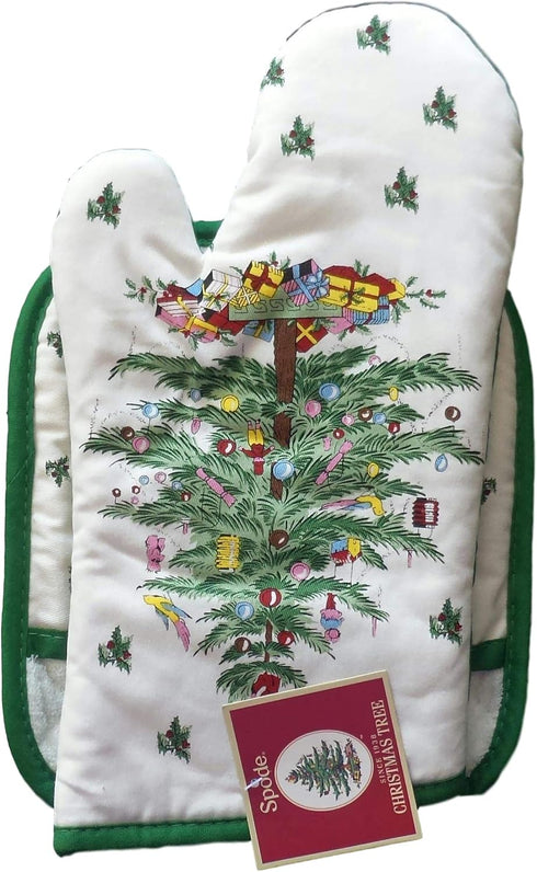 Spode Christmas Tree 2-pc Kitchen Gift Set: Oven Mitt & Square Pot Holder...
