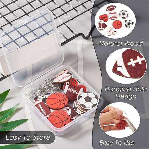 Cheriswelry 8 Pairs Sports Theme Earring Set with Baseball Football Basketball Rugby Wood Earring Pendants Earring Hooks Jump Rings for Sports Lov...