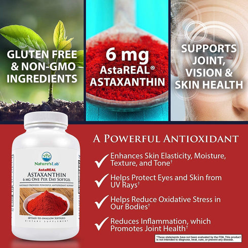 Nature's Lab AstaREAL Astaxanthin - 6mg of Potent Antioxidants - 60 Capsules (2 Month Supply)...