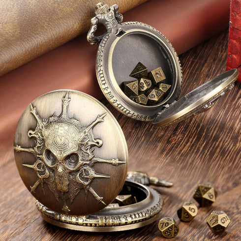 Mini DND Dice Set Steampunk Warlock Pocket Watch Shell Case, 7pcs Polyhedral Metal D&D Dice Set, DND Gifts with Gift Box for Gamer, Role Playing B...