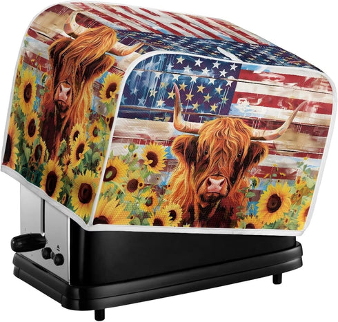 American Flag Toaster Cover 2 Slice Wide Slot, Highland Cow Sunflower Print Bread Maker Cover Toaster Covers, Washable Stain Resistant Small Appli...