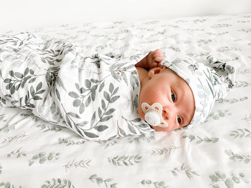 Miaoberry Organic Muslin Swaddle Blankets with Matching Hat and Wooden Hello World Newborn Sign | Eucalyptus Newborn Photography Props | Birth Ann...