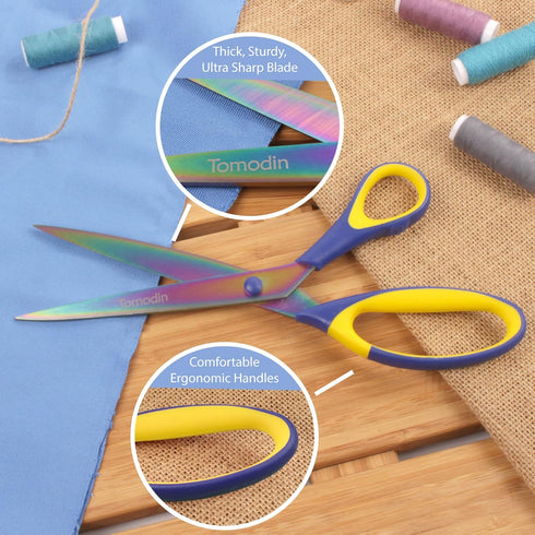 BambooMN Titanium Softgrip Scissors Set - Pinking, Sewing, Arts, Crafts, Office - 1 Set of 4 - Blue w/Yellow...