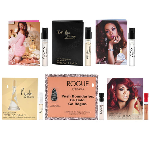 6 Rihana perfume samples for women: Crush, Reb'l Fleur, Kiss, Rogue, Rebelle, and Nude. Fragrance sample vial bottles perfume Set. Great for small...