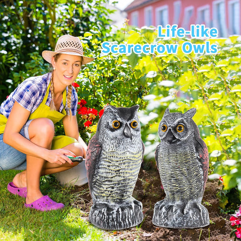 2 Pack Fake Owl Decoys to Scare Birds Away from Gardens and Rooftops, Great Horned Owl Bird Deterrents, Nature Scarecrow Plastic Owls Pest Repelle...