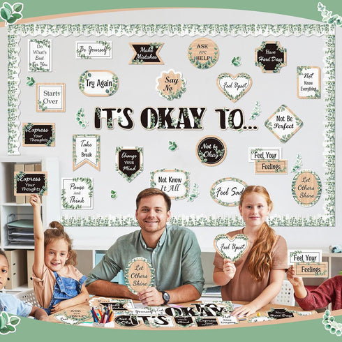 65 Pcs Mental Health Poster It's Okay to Boho Eucalyptus Groovy Bulletin Board Set Inspirational Positive Cutout for Back to School Office Classro...