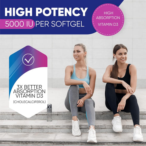 Vitamin D3 High Potency 5000 IU (125 mcg), Bone, Teeth, Muscle & Immune Health Support, Non-GMO, Gluten-Free, 2 Month Supply in Rapid-Release High...