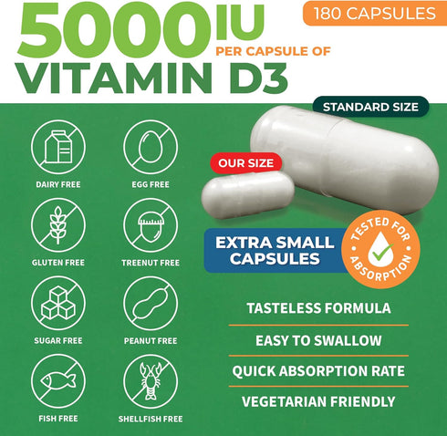 ForestLeaf Vitamin D3 5000 IU - Bone Health and Immune Support - Small Easy to Swallow Vegetable Capsules - Non-GMO Gluten Free VIT D - VIT D3 Vit...