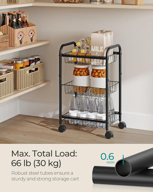 SONGMICS 3-Tier Metal Rolling Cart on Wheels with Baskets, Lockable Utility Trolley with Handles for Kitchen Bathroom Closet, Storage with Removab...