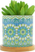 Cute 2.95 Inches Modern Cylindrical Mandalas Shaped Ceramic Succulent Cactus Flower Plant Pots with Bamboo Tray - Plant Not Included (Green)...
