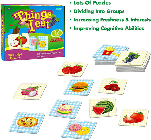 48 Food Matching Puzzles with Error-Correction Mechanism Pre-Primer in 2 Pieces, Perfect for Preschool Learning (24 Blocks Double Sided)...
