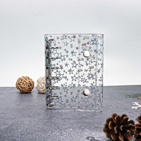 A7 Budget Binder Cover Clear PVC 6 Ring Binder Glitter Star Refillable Notebook Shell Protector with 2 Snaps for Cash Envelopes System Journal Alb...