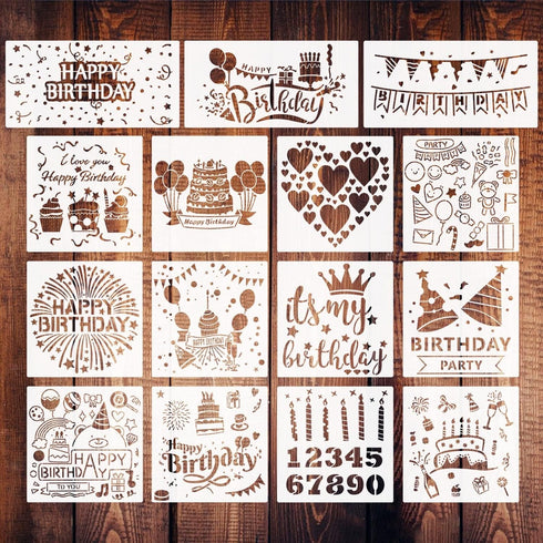 15 Pieces Birthday Stencils for Painting, Happy Birthday Templates Cake Stencils Bithday Theme Stencils for Cakes Card Making Scrapbook DIY Home D...