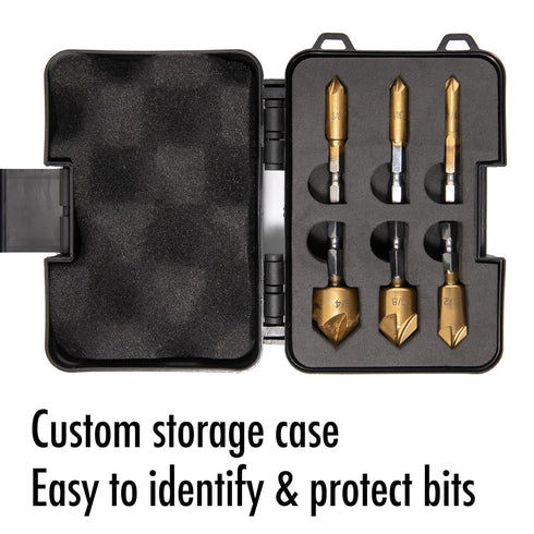 6 Pcs Countersink Drill Bit Set with Case 1/4'' Hex Shank HCS 5 Flute Countersink 90 Degree Center Punch Tool Sets for Wood, Quick Change Bit 1/4”...