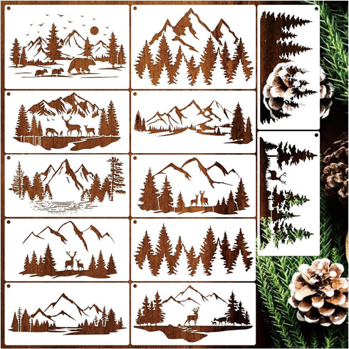 12 Pieces Mountain Stencils Pine Tree Stencils for Painting on Wood Reusable Forest Deer Bear Drawing Templates for Wood Burning Furniture Wall Fa...