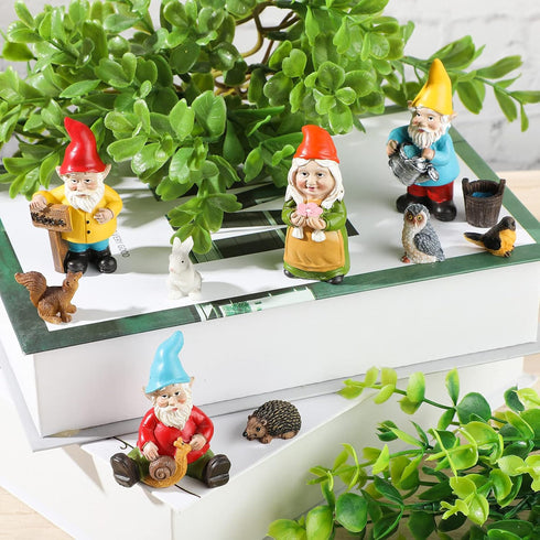 10 Pieces Mini Fairy Gnomes Statue Garden Accessories Kit Miniature Garden Resin Gnomes Hand Painted Squirrel Hedgehog Owl Bird and Bucket Ornamen...