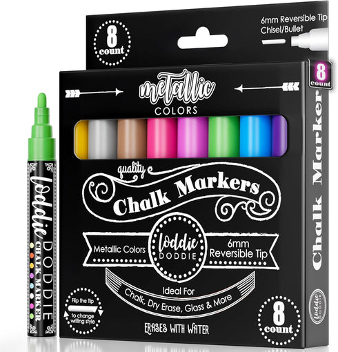 Loddie Doddie Metallic Liquid Chalk Markers for Chalkboard - 8 Count, 6mm Reversible Chisel & Bullet Tip - Erasable Chalk Pen - Metallic Chalkboar...