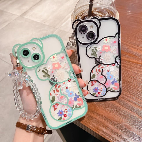 Case for iPhone XR with Cute Flowers Bear Pattern, Camera Protector, Clear Case and Lovely Strap Bracelet Chain for Girls Women, Compatible for iP...