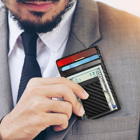 Travelambo Money Clip for Men Carbon Fiber Clip Wallet Leather Slim Minimalist Card Holder RFID Blocking (Weaved Black)...