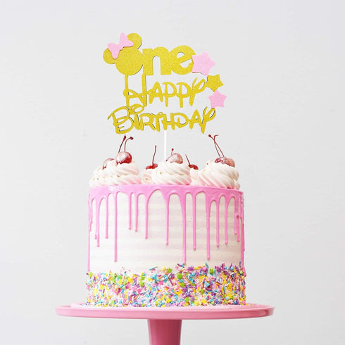 Glitter Gold Pink One Cake Topper for Girls First Birthday Minnie Party Cake Decorations...