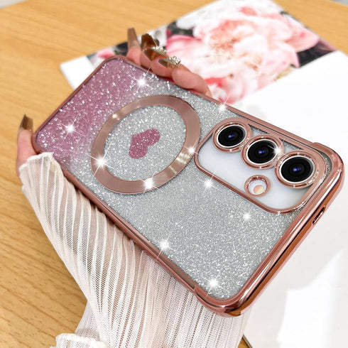Fiyart Designed for Samsung Galaxy S24 Plus Case,Compatible with MagSafe Love Heart Plating Camera Protection Clear Phone Case, Magnetic Glitter f...