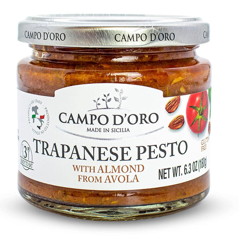 Trapanese Pesto Sauce, made with Tomato Sauce, Basil & Almonds. Italian Specialties. 6.3oz (180g). 100% made in Italy. By Campo D'Oro...