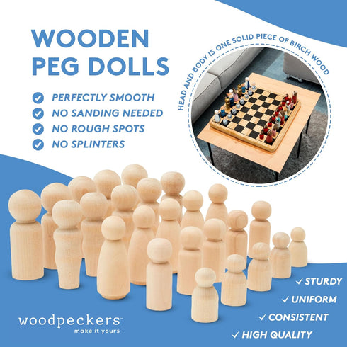 Wood Peg Doll Set, 40 Piece Wood Peg Family (Toy Peg People: Dad, Mom, Angel, Child, Baby) Unfinished for Crafts & Play, by Woodpeckers...
