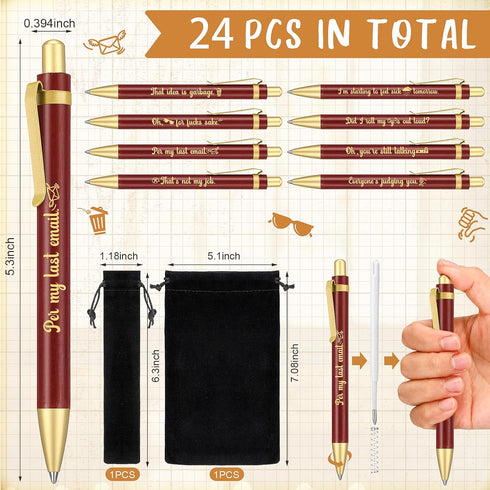 24 Pcs Funny Office Pens Bulk Pens Office Ballpoint Pens Brown Wood Bamboo Ballpoint Pens with Velvet Bags Employee Gifts for Women Men Office Cow...