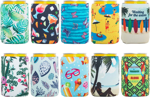 HaiMay 10 Pieces Beer Can Sleeves Beer Can Coolers Neoprene Drink Cooler Sleeves for Cans and Bottles, Summer Styles...