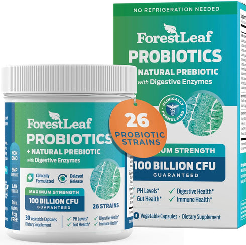 ForestLeaf Clinically Studied Probiotics 100 Billion CFU, 26 Strains with Organic Prebiotic Blend & Digestive Enzymes - Probiotic Prebiotic for Me...