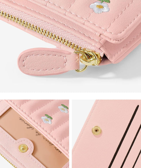 MEISEE Small Wallet for Girls Women Tri-folded Wallet Cash Pocket Card Holder Coin Purse with ID Window elegant youthful and cute -flowers-white...