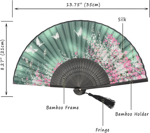 OMyTea® Women Hand Held Silk Folding Fan with Bamboo Frame - with a Fabric Sleeve for Protection for Gifts - Sakura Cherry Blossom Pattern (WZS-2)...